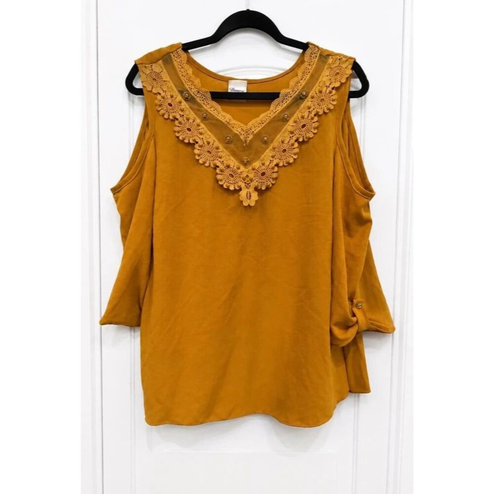 Danesi Mustard Cold Shoulder Blouse Size Medium Crochet Trim